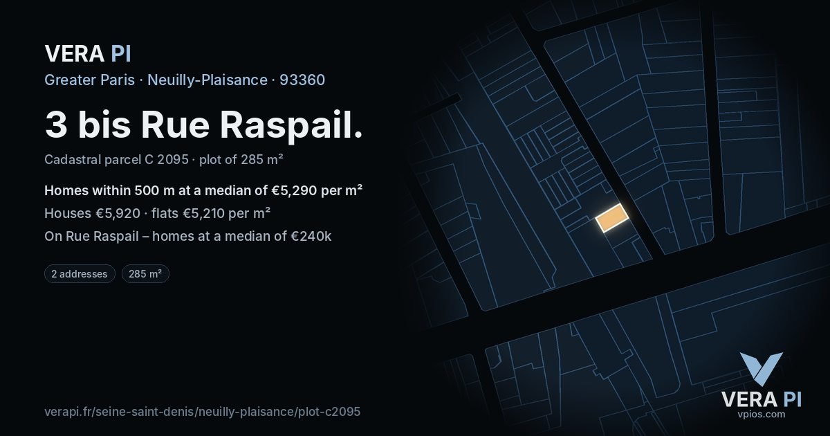 3 bis Rue Raspail, Neuilly-Plaisance at night – the plot lit, the parcels around coloured by the prices near them