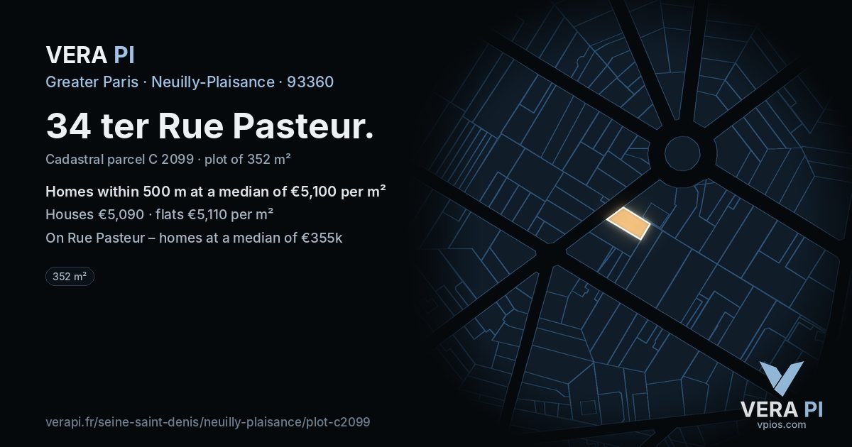 34 ter Rue Pasteur, Neuilly-Plaisance at night – the plot lit, the parcels around coloured by the prices near them