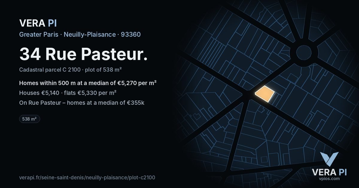 34 Rue Pasteur, Neuilly-Plaisance at night – the plot lit, the parcels around coloured by the prices near them