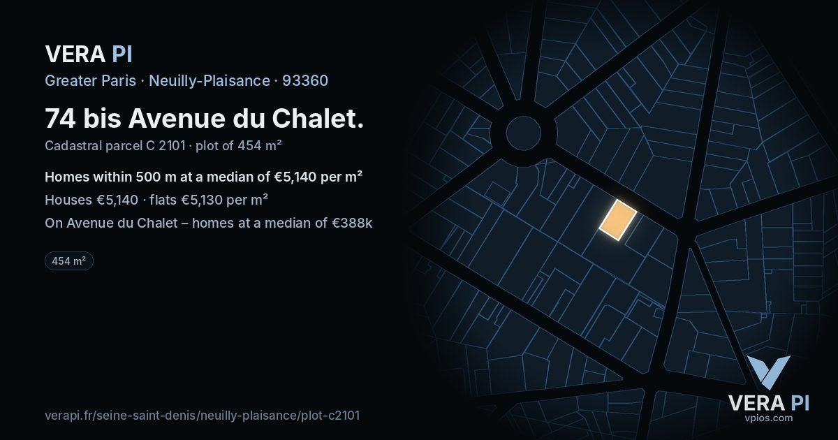 74 bis Avenue du Chalet, Neuilly-Plaisance at night – the plot lit, the parcels around coloured by the prices near them