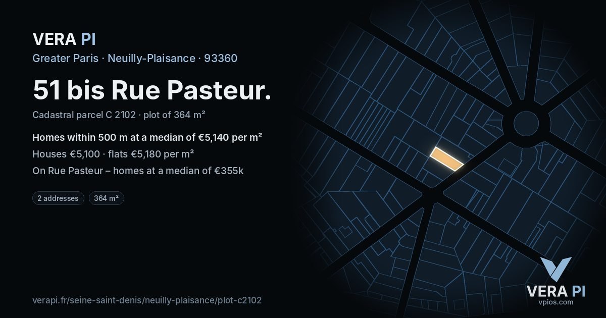 51 bis Rue Pasteur, Neuilly-Plaisance at night – the plot lit, the parcels around coloured by the prices near them