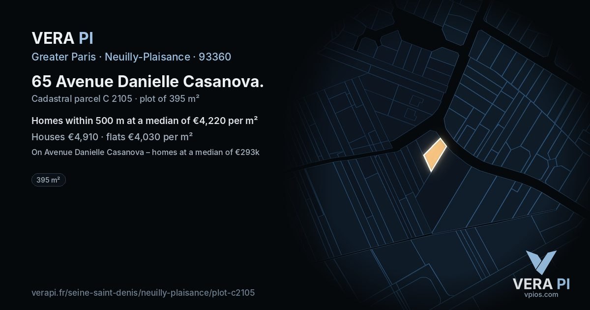 65 Avenue Danielle Casanova, Neuilly-Plaisance at night – the plot lit, the parcels around coloured by the prices near them