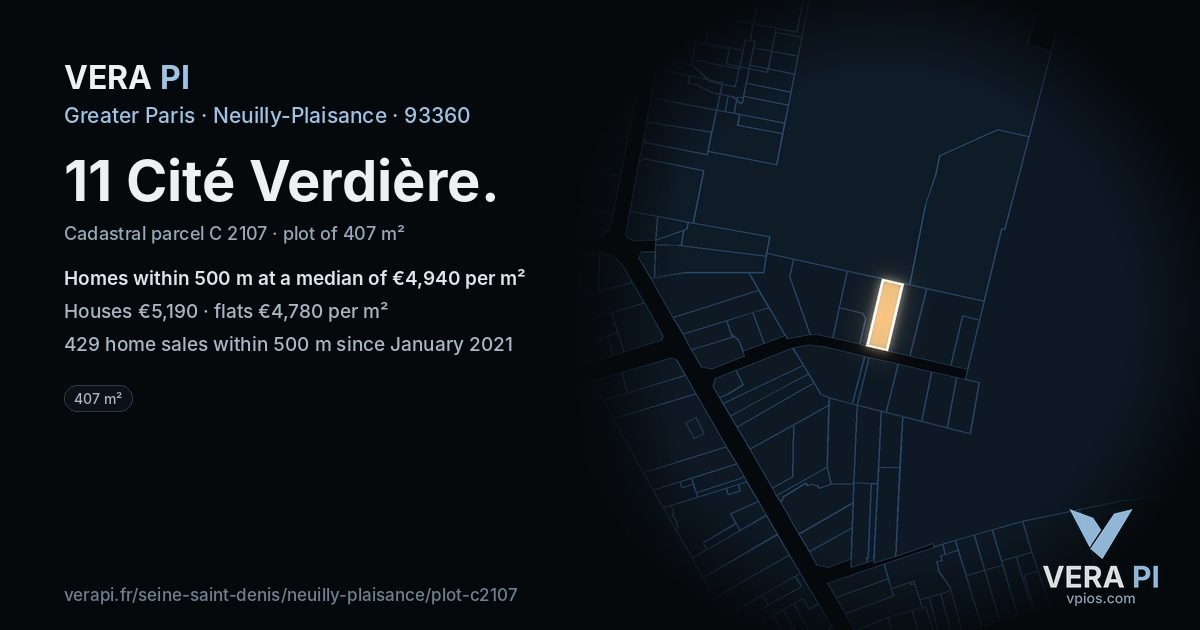11 Cité Verdière, Neuilly-Plaisance at night – the plot lit, the parcels around coloured by the prices near them