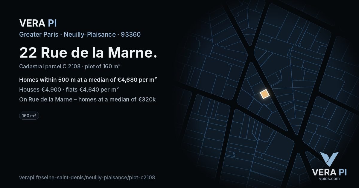 22 Rue de la Marne, Neuilly-Plaisance at night – the plot lit, the parcels around coloured by the prices near them