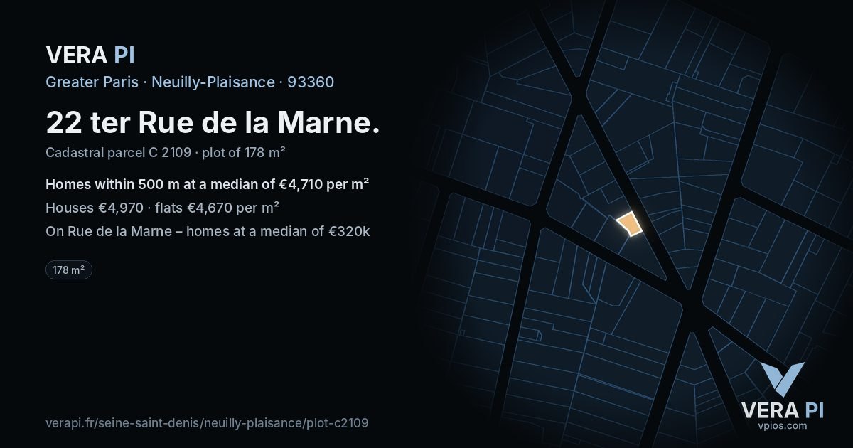 22 ter Rue de la Marne, Neuilly-Plaisance at night – the plot lit, the parcels around coloured by the prices near them