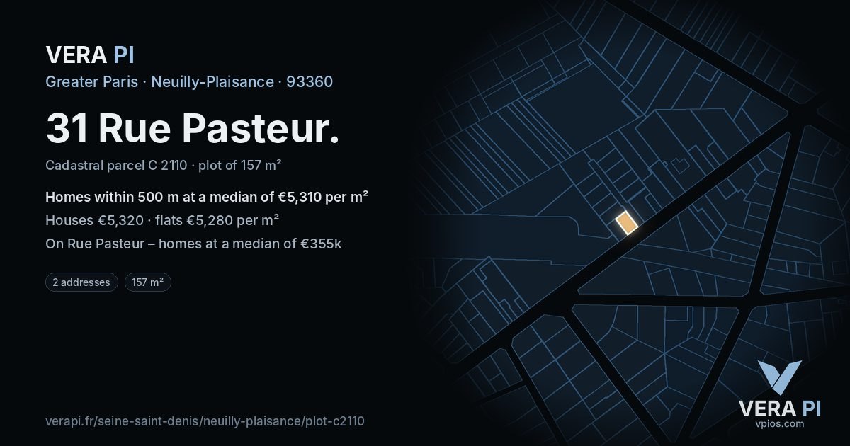 31 Rue Pasteur, Neuilly-Plaisance at night – the plot lit, the parcels around coloured by the prices near them