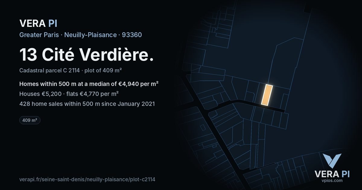 13 Cité Verdière, Neuilly-Plaisance at night – the plot lit, the parcels around coloured by the prices near them