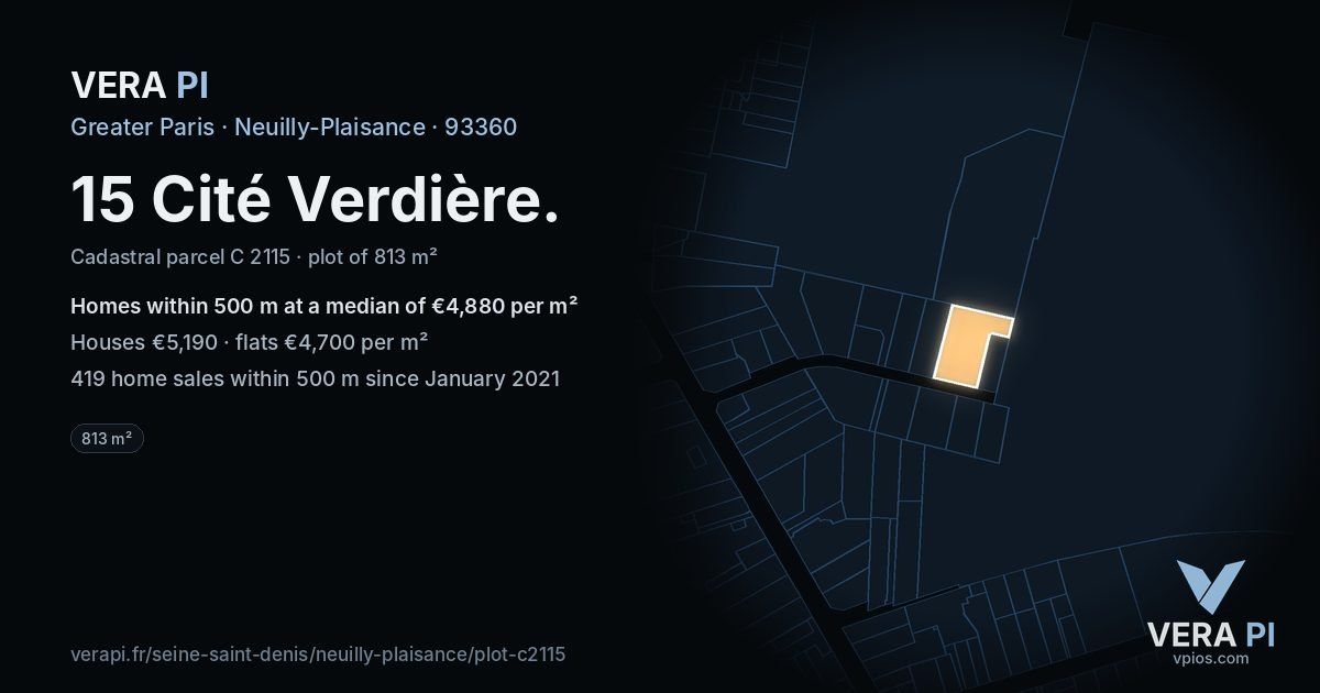 15 Cité Verdière, Neuilly-Plaisance at night – the plot lit, the parcels around coloured by the prices near them