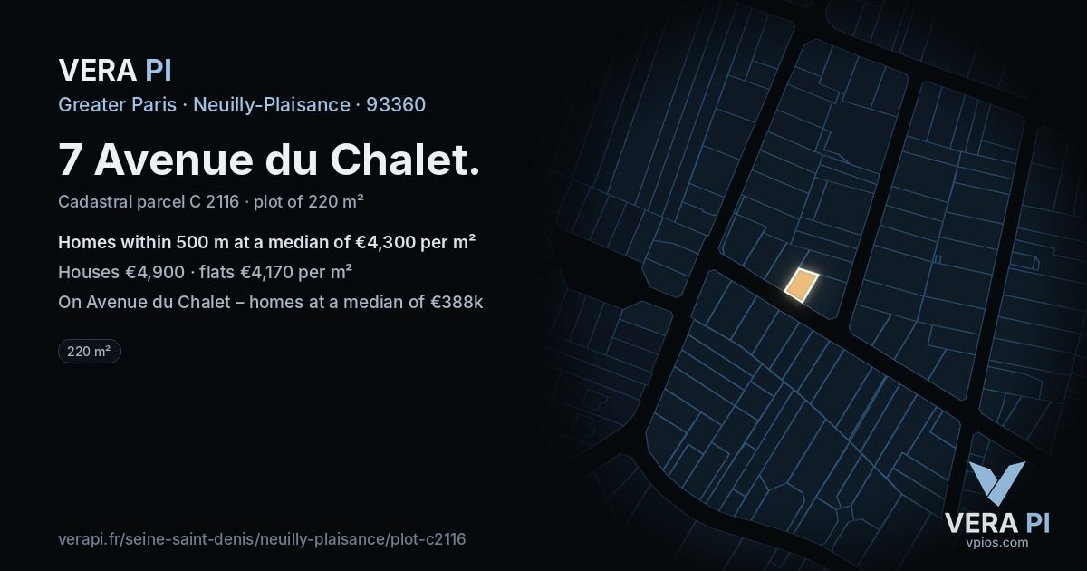 7 Avenue du Chalet, Neuilly-Plaisance at night – the plot lit, the parcels around coloured by the prices near them