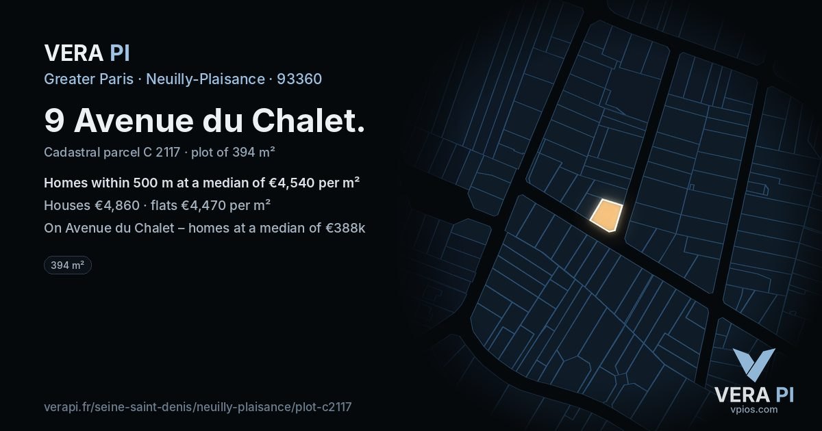 9 Avenue du Chalet, Neuilly-Plaisance at night – the plot lit, the parcels around coloured by the prices near them