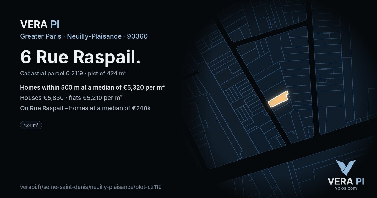 6 Rue Raspail, Neuilly-Plaisance at night – the plot lit, the parcels around coloured by the prices near them