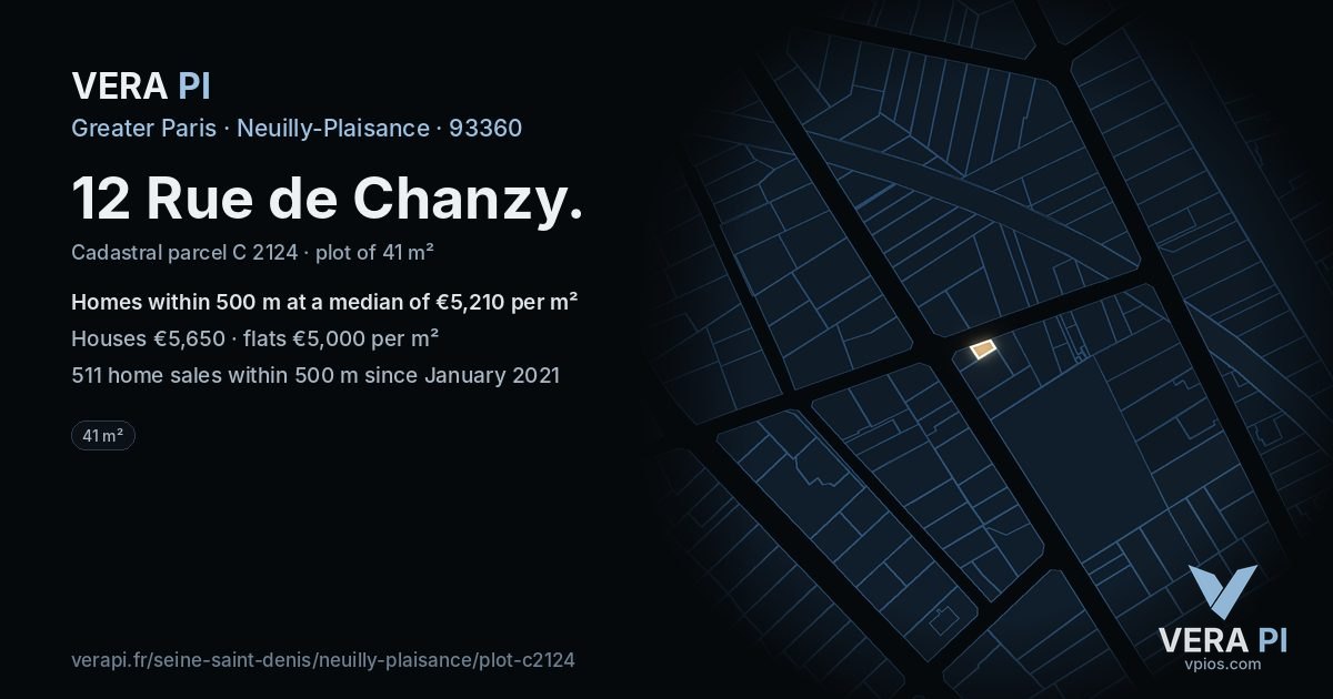 12 Rue de Chanzy, Neuilly-Plaisance at night – the plot lit, the parcels around coloured by the prices near them