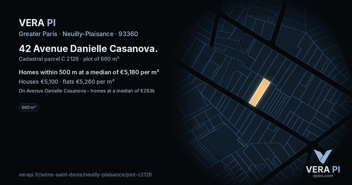 42 Avenue Danielle Casanova, Neuilly-Plaisance at night – the plot lit, the parcels around coloured by the prices near them
