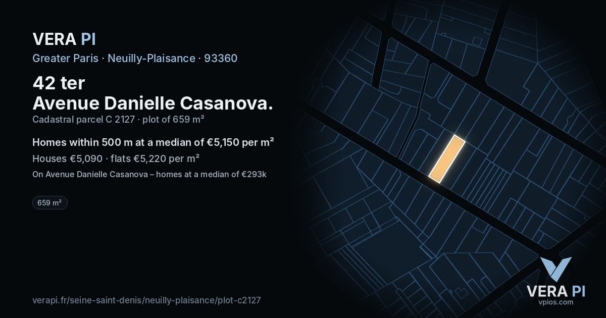 42 ter Avenue Danielle Casanova, Neuilly-Plaisance at night – the plot lit, the parcels around coloured by the prices near them