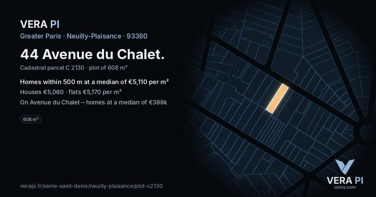 44 Avenue du Chalet, Neuilly-Plaisance at night – the plot lit, the parcels around coloured by the prices near them