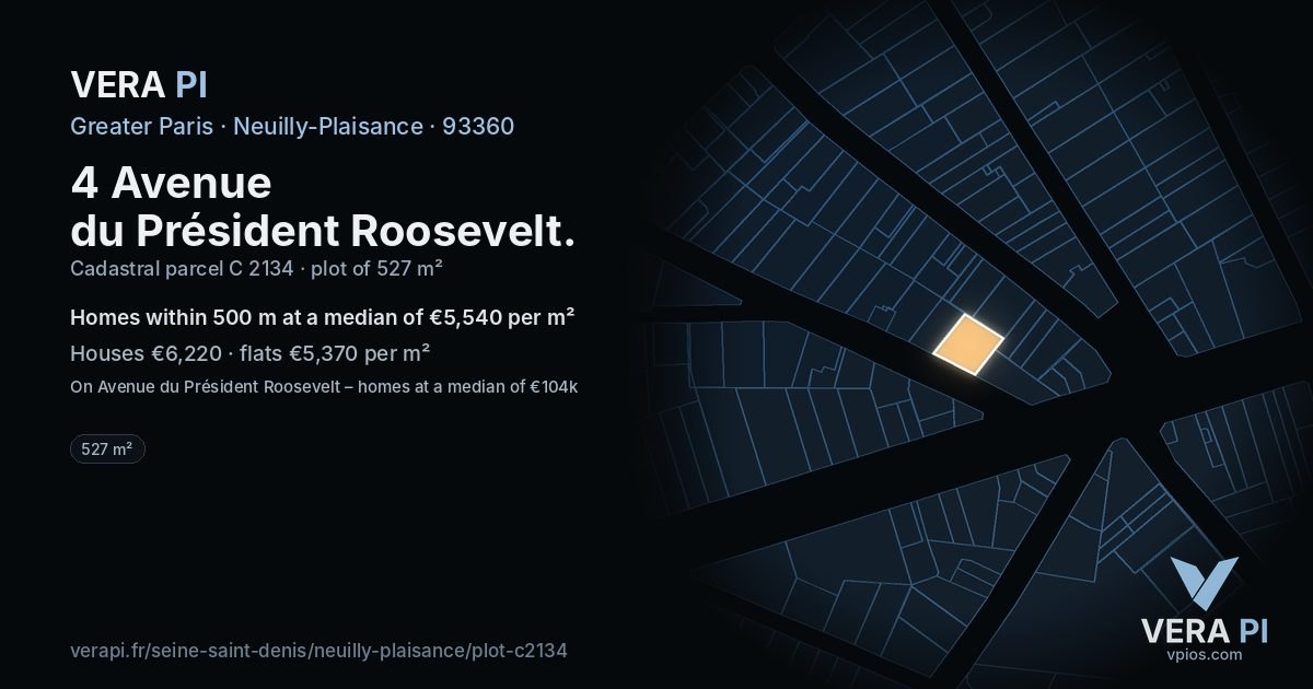 4 Avenue du Président Roosevelt, Neuilly-Plaisance at night – the plot lit, the parcels around coloured by the prices near them