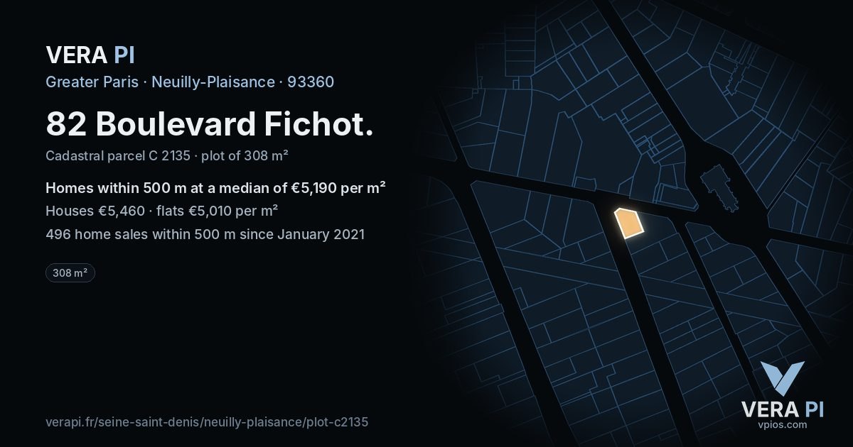82 Boulevard Fichot, Neuilly-Plaisance at night – the plot lit, the parcels around coloured by the prices near them