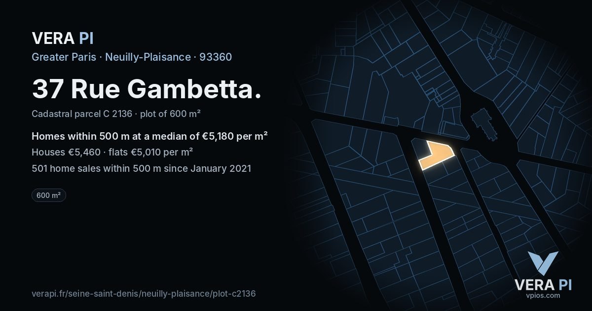 37 Rue Gambetta, Neuilly-Plaisance at night – the plot lit, the parcels around coloured by the prices near them