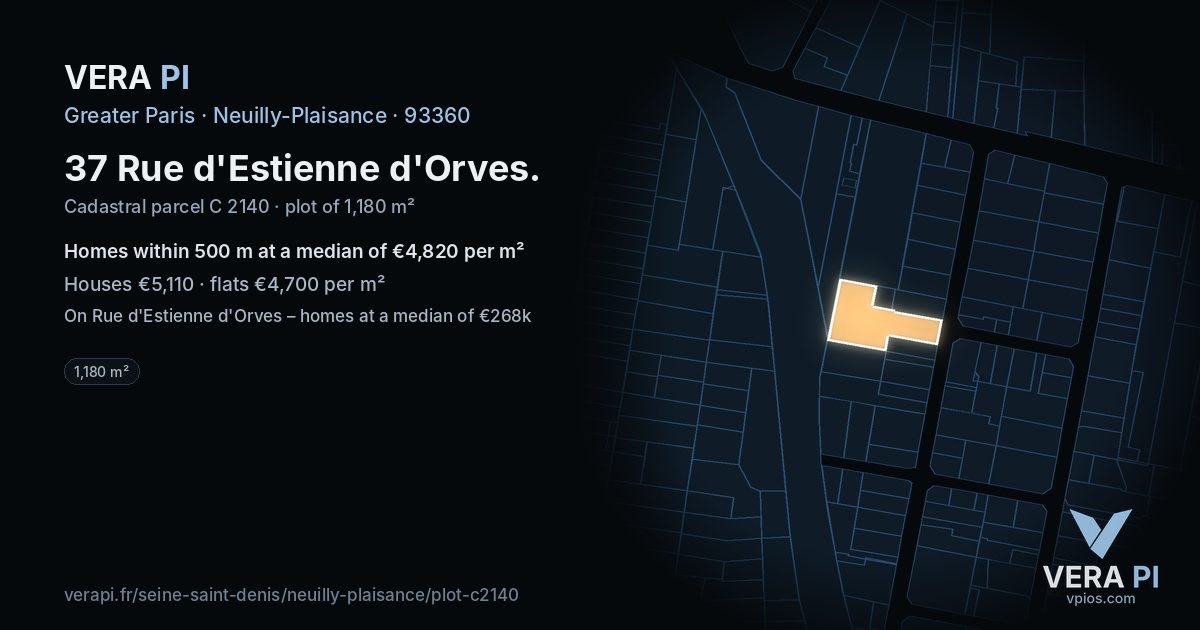 37 Rue d'Estienne d'Orves, Neuilly-Plaisance at night – the plot lit, the parcels around coloured by the prices near them