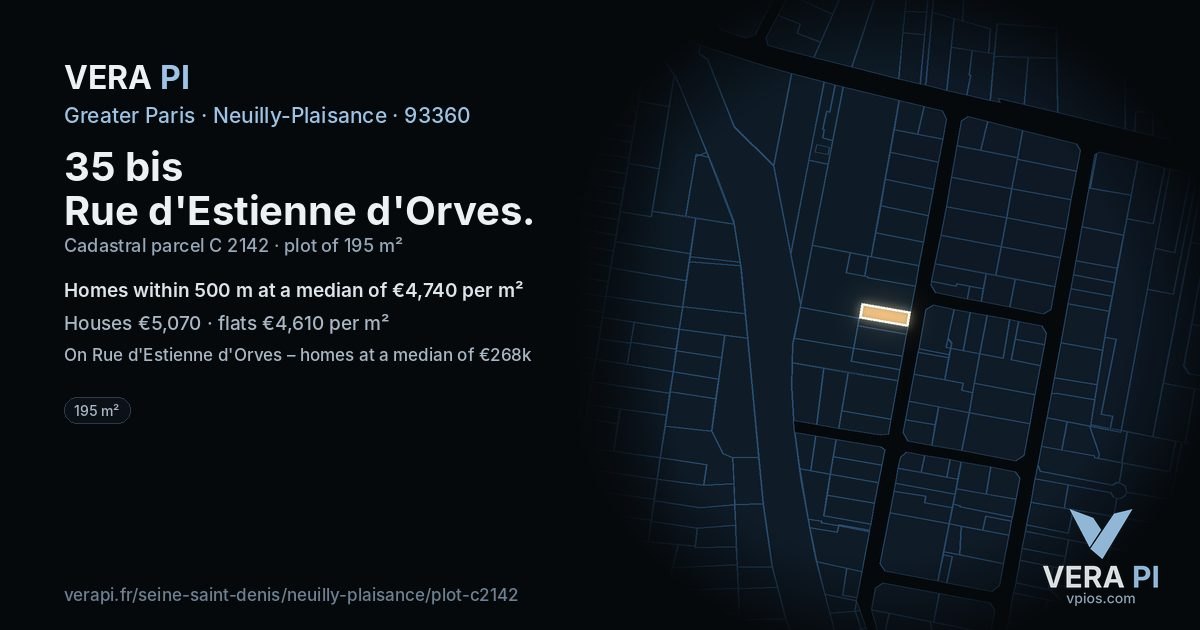 35 bis Rue d'Estienne d'Orves, Neuilly-Plaisance at night – the plot lit, the parcels around coloured by the prices near them