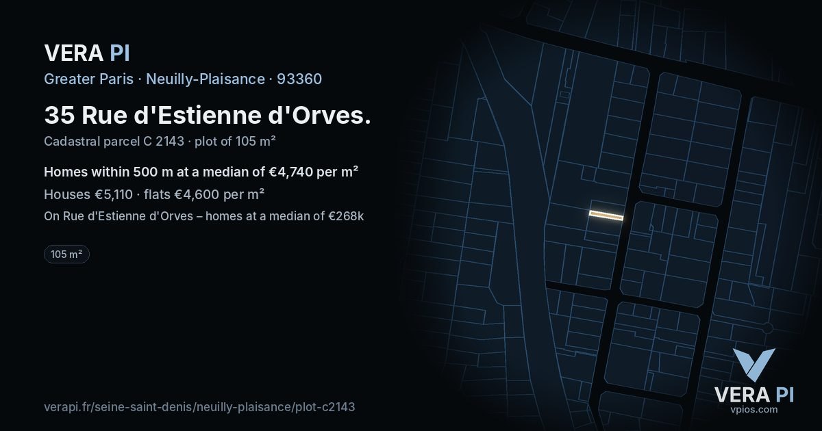 35 Rue d'Estienne d'Orves, Neuilly-Plaisance at night – the plot lit, the parcels around coloured by the prices near them