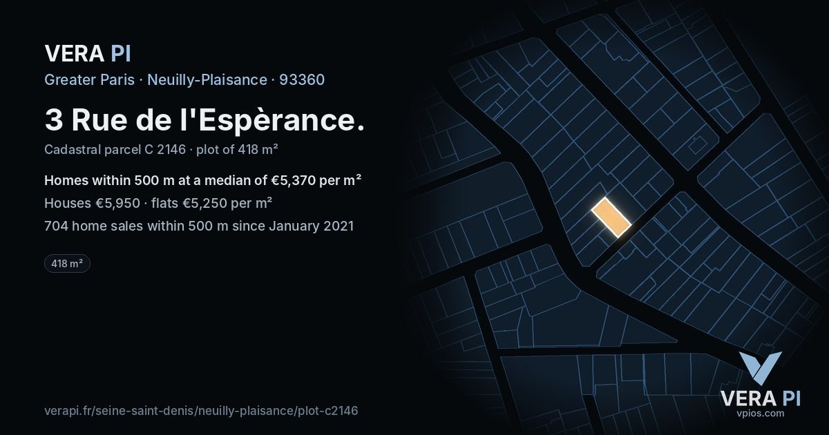 3 Rue de l'Espèrance, Neuilly-Plaisance at night – the plot lit, the parcels around coloured by the prices near them
