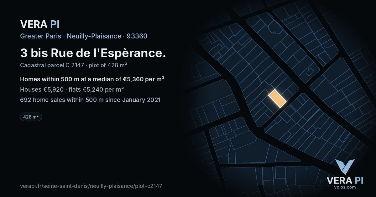 3 bis Rue de l'Espèrance, Neuilly-Plaisance at night – the plot lit, the parcels around coloured by the prices near them