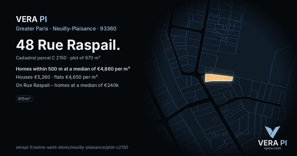 48 Rue Raspail, Neuilly-Plaisance at night – the plot lit, the parcels around coloured by the prices near them