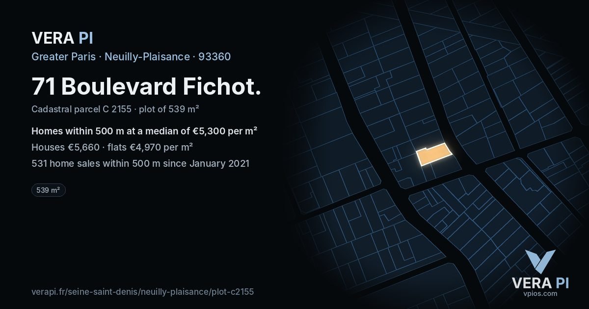 71 Boulevard Fichot, Neuilly-Plaisance at night – the plot lit, the parcels around coloured by the prices near them
