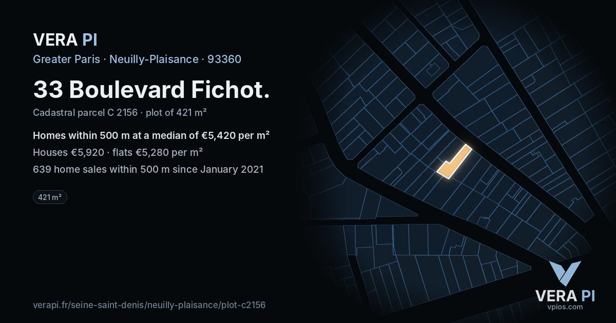 33 Boulevard Fichot, Neuilly-Plaisance at night – the plot lit, the parcels around coloured by the prices near them