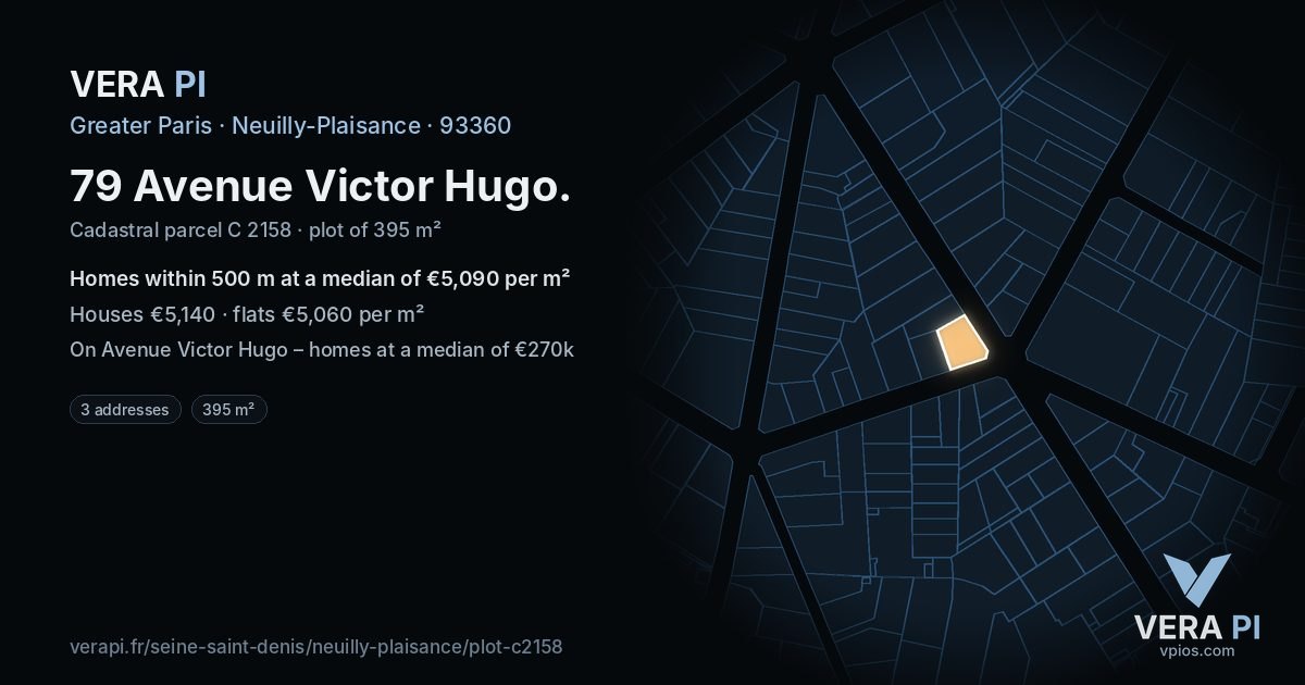 79 Avenue Victor Hugo, Neuilly-Plaisance at night – the plot lit, the parcels around coloured by the prices near them