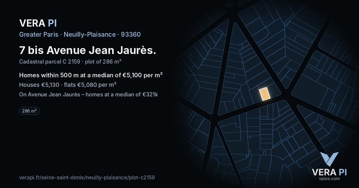 7 bis Avenue Jean Jaurès, Neuilly-Plaisance at night – the plot lit, the parcels around coloured by the prices near them