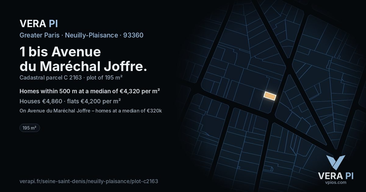 1 bis Avenue du Maréchal Joffre, Neuilly-Plaisance at night – the plot lit, the parcels around coloured by the prices near them