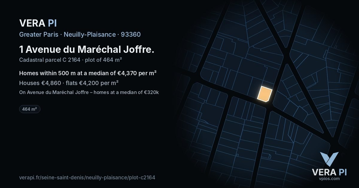 1 Avenue du Maréchal Joffre, Neuilly-Plaisance at night – the plot lit, the parcels around coloured by the prices near them