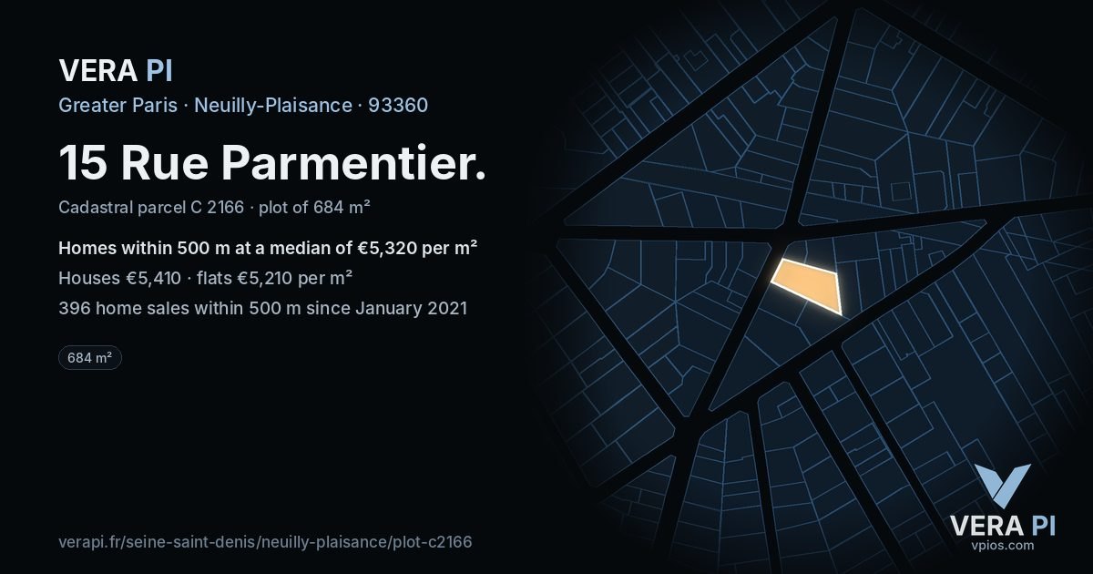 15 Rue Parmentier, Neuilly-Plaisance at night – the plot lit, the parcels around coloured by the prices near them