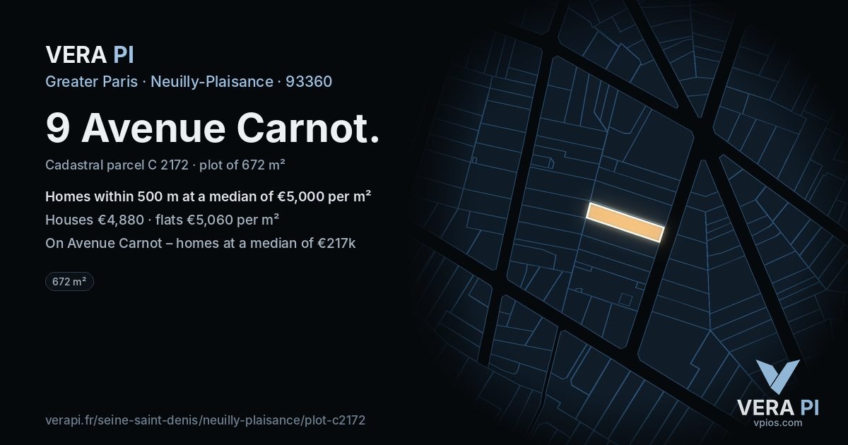 9 Avenue Carnot, Neuilly-Plaisance at night – the plot lit, the parcels around coloured by the prices near them