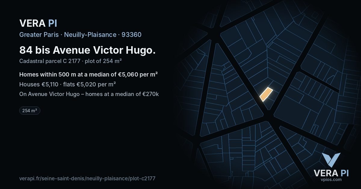 84 bis Avenue Victor Hugo, Neuilly-Plaisance at night – the plot lit, the parcels around coloured by the prices near them