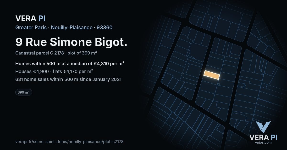 9 Rue Simone Bigot, Neuilly-Plaisance at night – the plot lit, the parcels around coloured by the prices near them