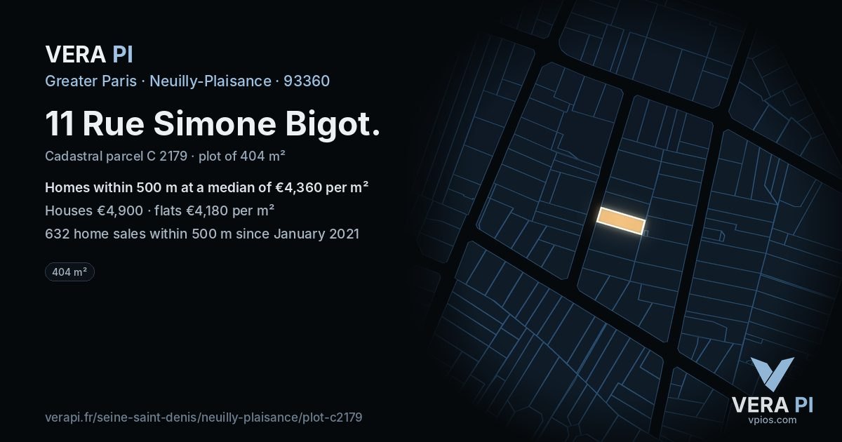 11 Rue Simone Bigot, Neuilly-Plaisance at night – the plot lit, the parcels around coloured by the prices near them