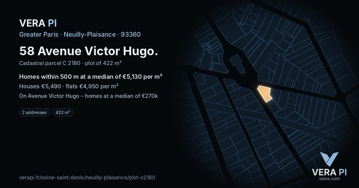 58 Avenue Victor Hugo, Neuilly-Plaisance at night – the plot lit, the parcels around coloured by the prices near them