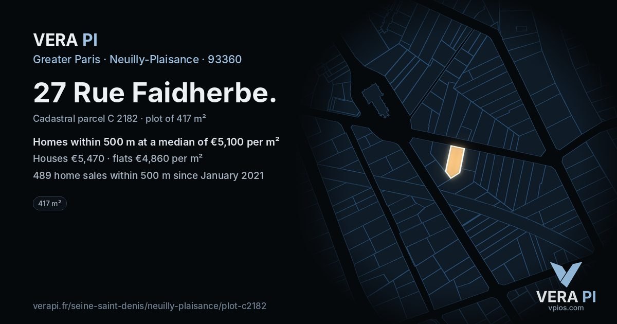 27 Rue Faidherbe, Neuilly-Plaisance at night – the plot lit, the parcels around coloured by the prices near them