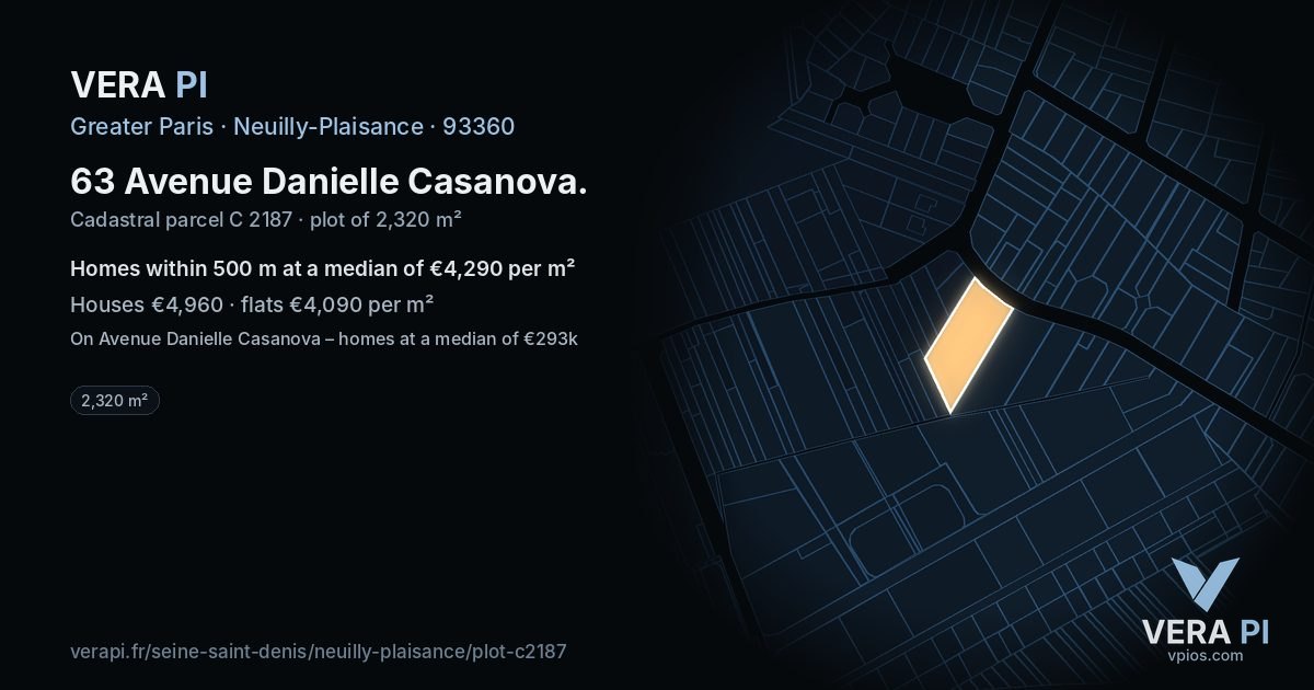 63 Avenue Danielle Casanova, Neuilly-Plaisance at night – the plot lit, the parcels around coloured by the prices near them