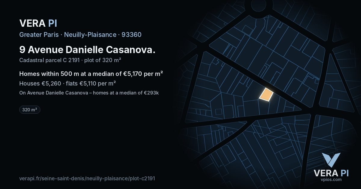 9 Avenue Danielle Casanova, Neuilly-Plaisance at night – the plot lit, the parcels around coloured by the prices near them