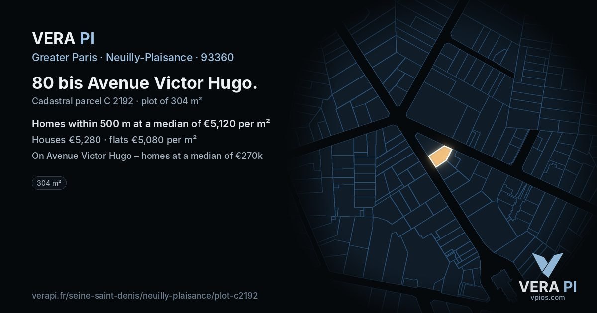 80 bis Avenue Victor Hugo, Neuilly-Plaisance at night – the plot lit, the parcels around coloured by the prices near them