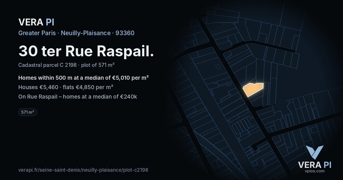 30 ter Rue Raspail, Neuilly-Plaisance at night – the plot lit, the parcels around coloured by the prices near them