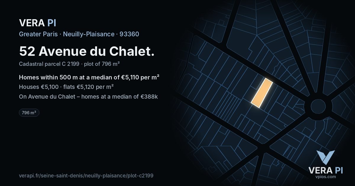 52 Avenue du Chalet, Neuilly-Plaisance at night – the plot lit, the parcels around coloured by the prices near them