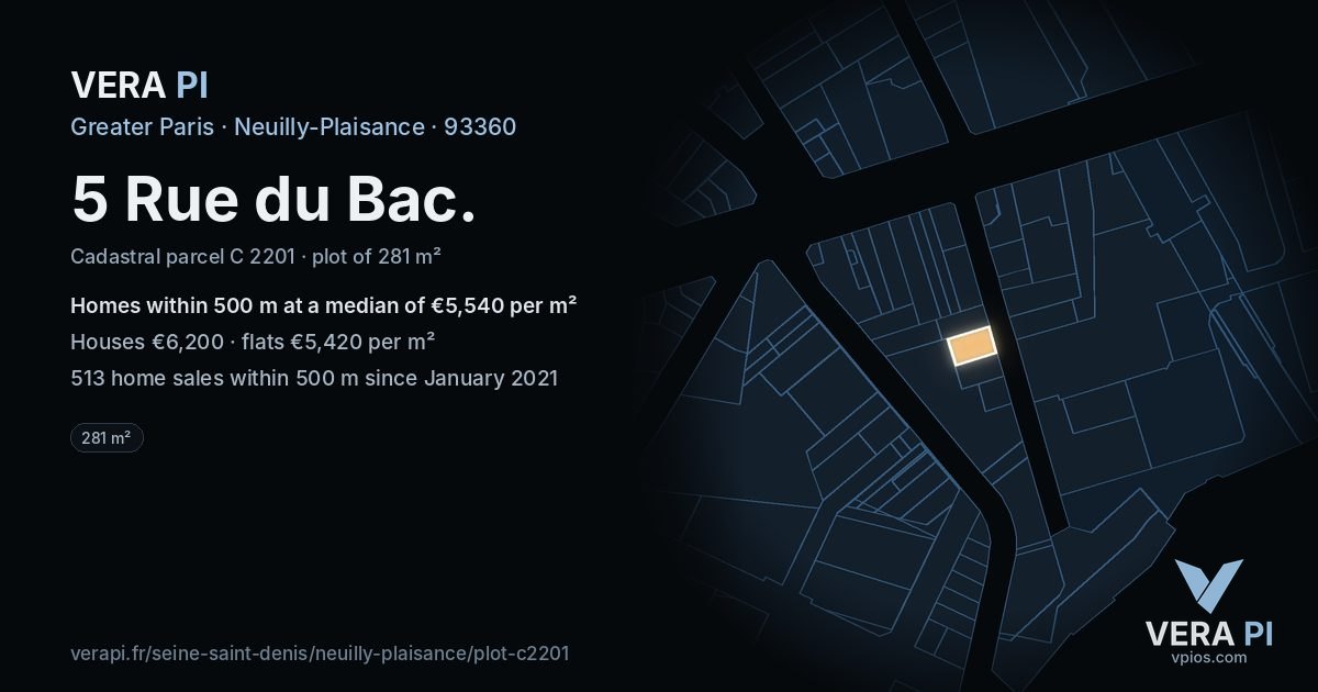5 Rue du Bac, Neuilly-Plaisance at night – the plot lit, the parcels around coloured by the prices near them