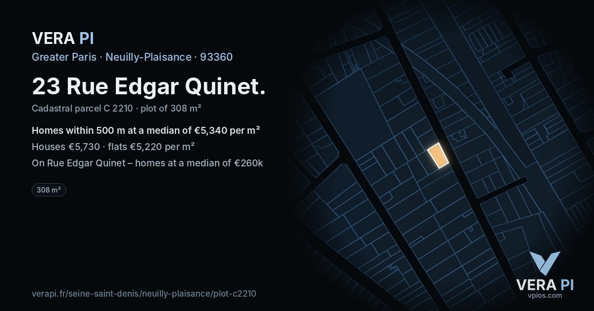 23 Rue Edgar Quinet, Neuilly-Plaisance at night – the plot lit, the parcels around coloured by the prices near them