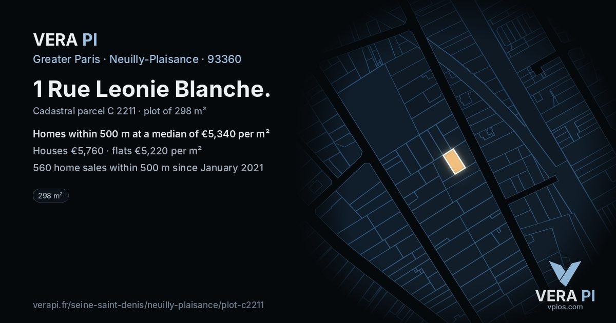 1 Rue Leonie Blanche, Neuilly-Plaisance at night – the plot lit, the parcels around coloured by the prices near them