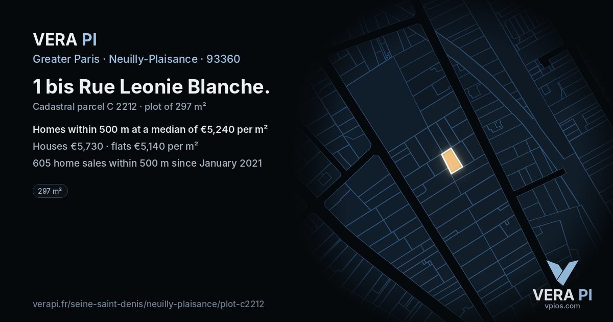 1 bis Rue Leonie Blanche, Neuilly-Plaisance at night – the plot lit, the parcels around coloured by the prices near them